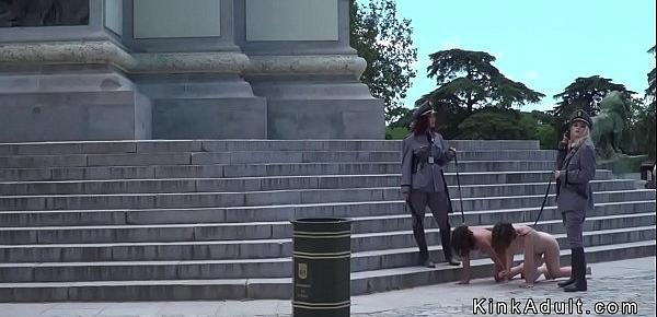  Gorgeous pet slaves naked disgraced in public
